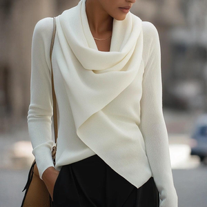 Zoruli Cozy Mock Neck Long Sleeve White Plain Sweater