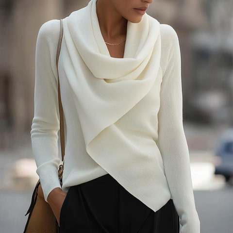 Zoruli Cozy Mock Neck Long Sleeve White Plain Sweater