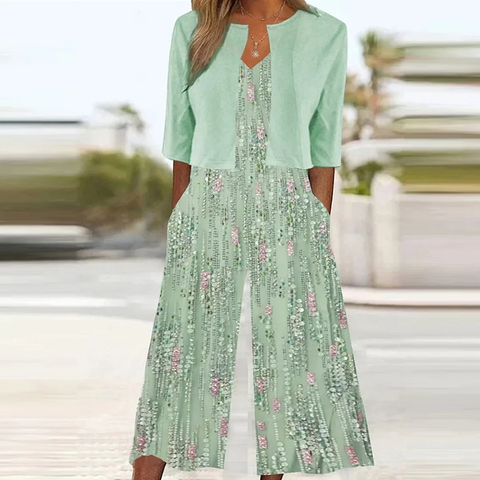 Zoruli Youthful V-Neck Green Jumpsuit With Jacket