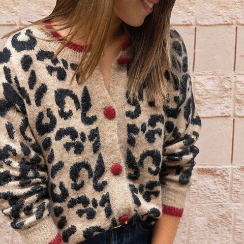 Zoruli Unique Brown Leopard Print Long Sleeve Cardigan