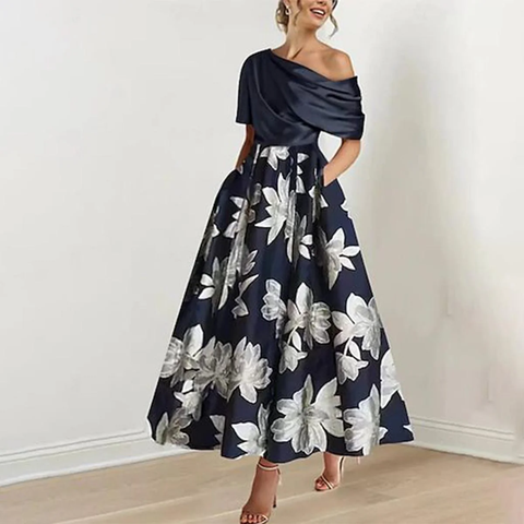 Zoruli Modern Off the Shoulder Floral Print Maxi Dress