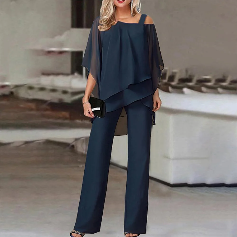 Zoruli Navy Cold Shoulder Ruffled Tiered Top and Pants Two Piece Set