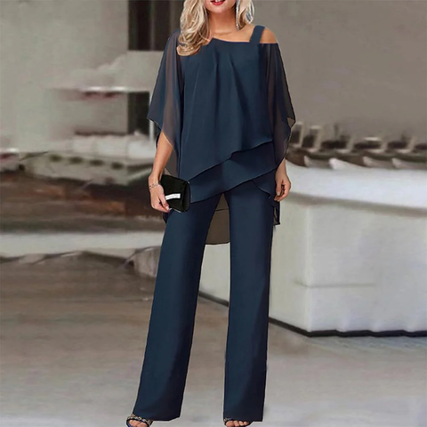 Zoruli Navy Cold Shoulder Ruffled Tiered Top and Pants Two Piece Set