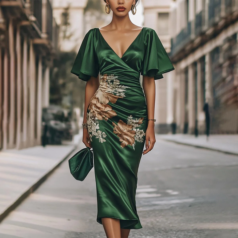 Zoruli Gorgeous Short Sleeve V-Neck Midi Dress
