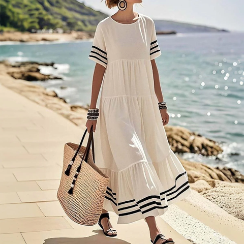 Zoruli Groovy Round Neck Short Sleeve Maxi Dress