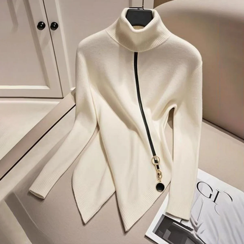 Zoruli Comfy Ivory Plain High Neck Sweater