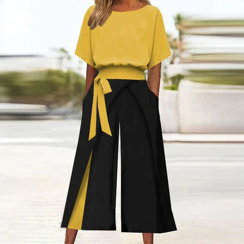 Zoruli Unique Round Neck Color Block Two Piece Set