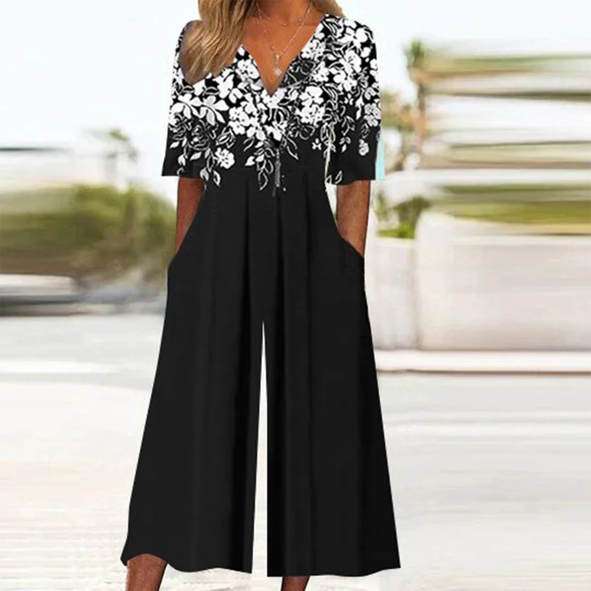 Zoruli Black Floral Print Half Sleeve Jumpsuit