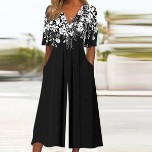 Zoruli Black Floral Print Half Sleeve Jumpsuit