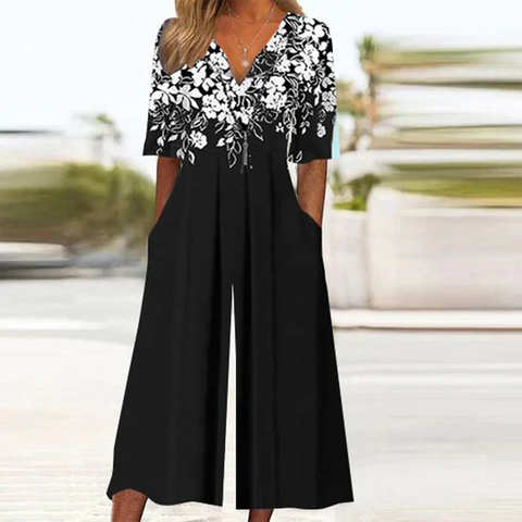 Zoruli Black Floral Print Half Sleeve Jumpsuit