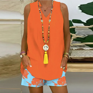 Zoruli Orange Sleeveless Print Two Piece Set