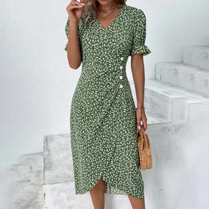 Zoruli Short Sleeve Green Floral Print Button Front Midi Dress