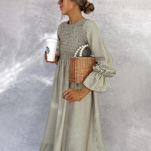 Zoruli Green Check Round Neck Maxi Dress