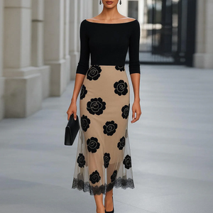 Zoruli Groovy Black Boat Neck Midi Dress