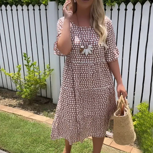 Zoruli Khaki Short Sleeve Round Neck Midi Dress