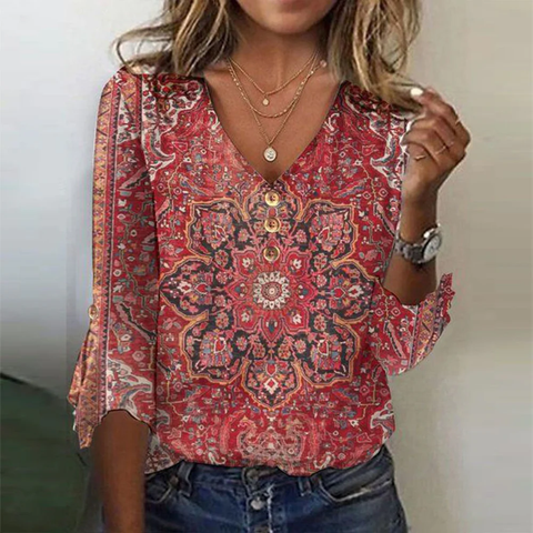 Zoruli Red Print 3/4 Sleeve V-Neck Top