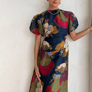 Zoruli Navy Round Neck Short Sleeve Maxi Dress