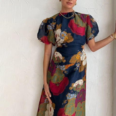 Zoruli Navy Round Neck Short Sleeve Maxi Dress