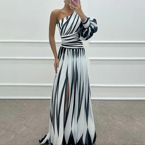 Zoruli Classy One Shoulder Striped Print Maxi Dress