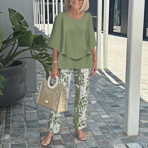 Zoruli Trendy Green Print 3/4 Sleeve Two Piece Set