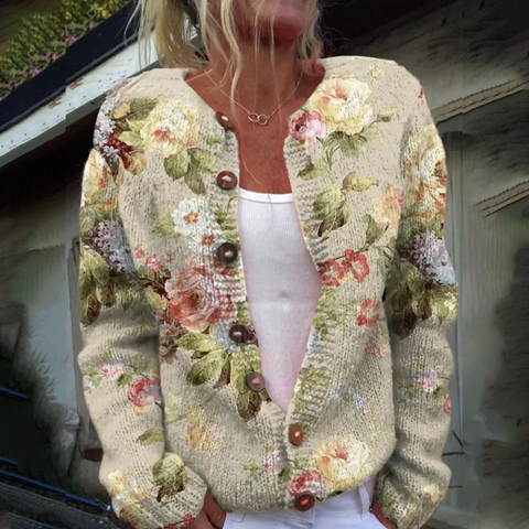 Zoruli Elegant Floral Print Collarless Long Sleeve Cardigan