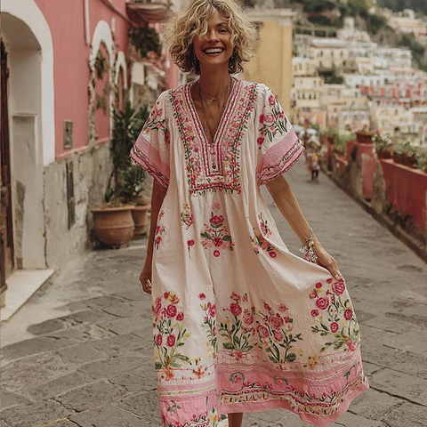 Zoruli Sweet Short Sleeve Pink Midi Dress
