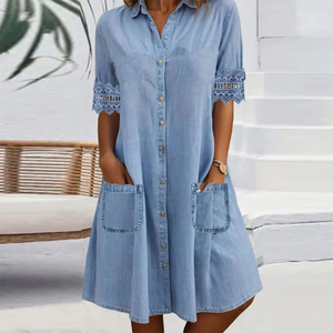 Zoruli Blue Plain Collared Lace Trim Denim Mini Dress
