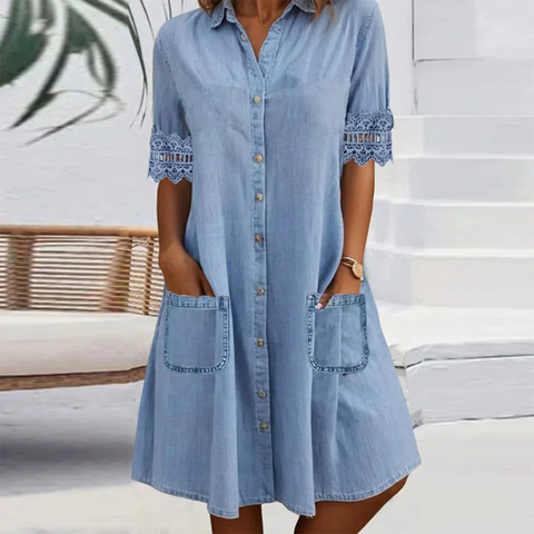 Zoruli Blue Plain Collared Lace Trim Denim Mini Dress