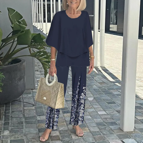 Zoruli Navy 3/4 Sleeve Round Neck Two Piece Set