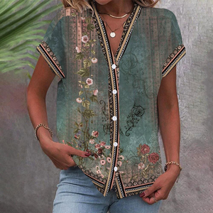 Zoruli Green Vintage Watercolor Floral Print Blouse