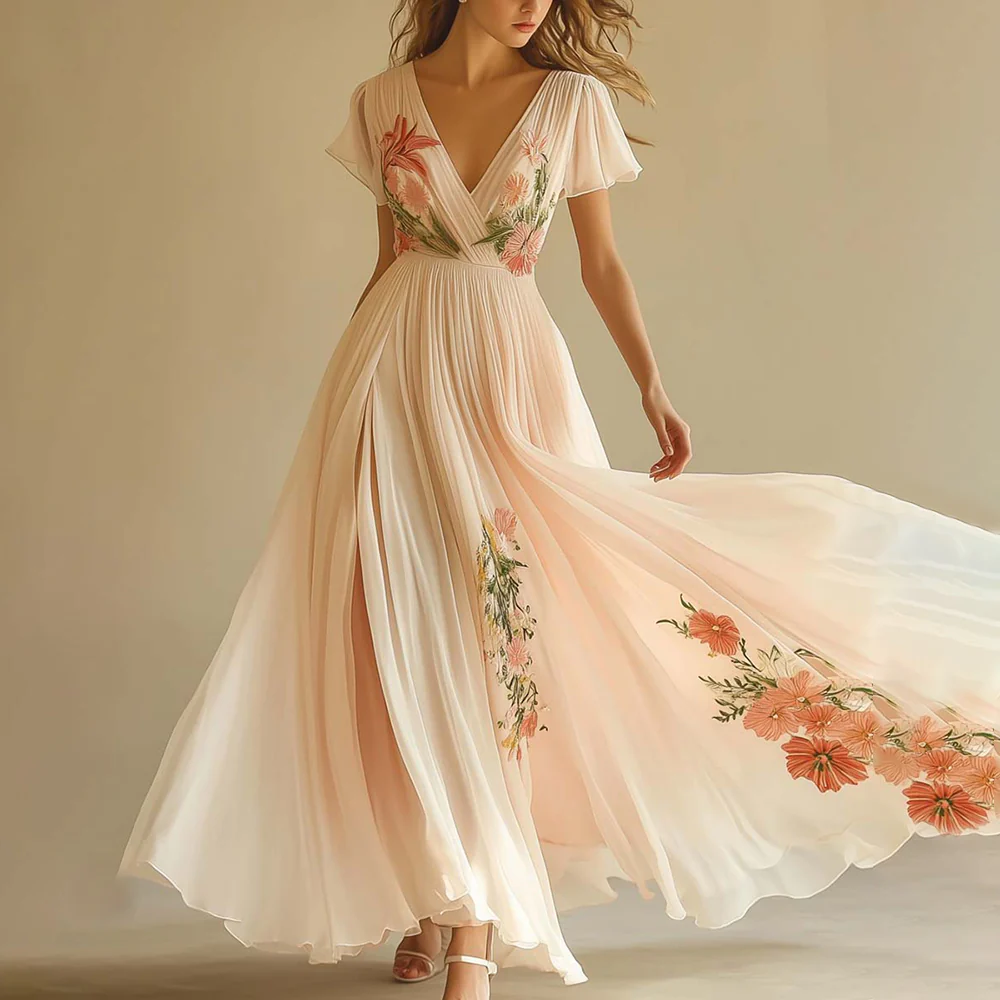 Zoruli Elegant V-Neck Short Sleeve Maxi Dress