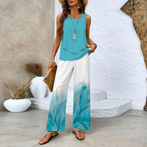 Zoruli Fresh Blue Sleeveless Two Piece Set
