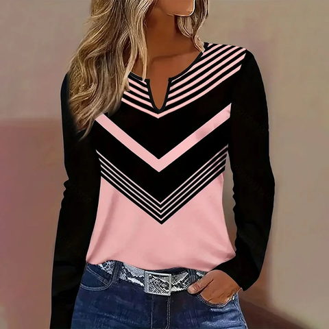 Zoruli Sweet V-Neck Long Sleeve Chevron Print Top