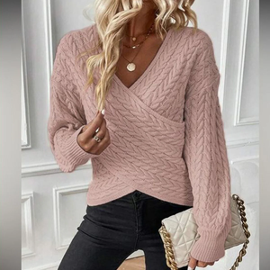 Zoruli Sweet Pink Plain V-Neck Long Sleeve Sweater