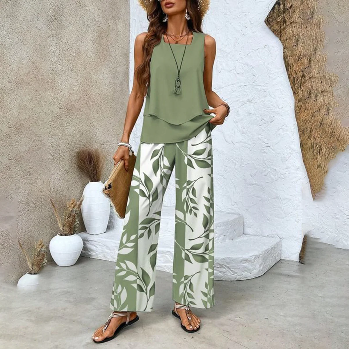 Zoruli Green Plant Print Square Neck Two Piece Set