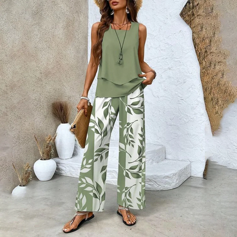 Zoruli Green Plant Print Square Neck Two Piece Set