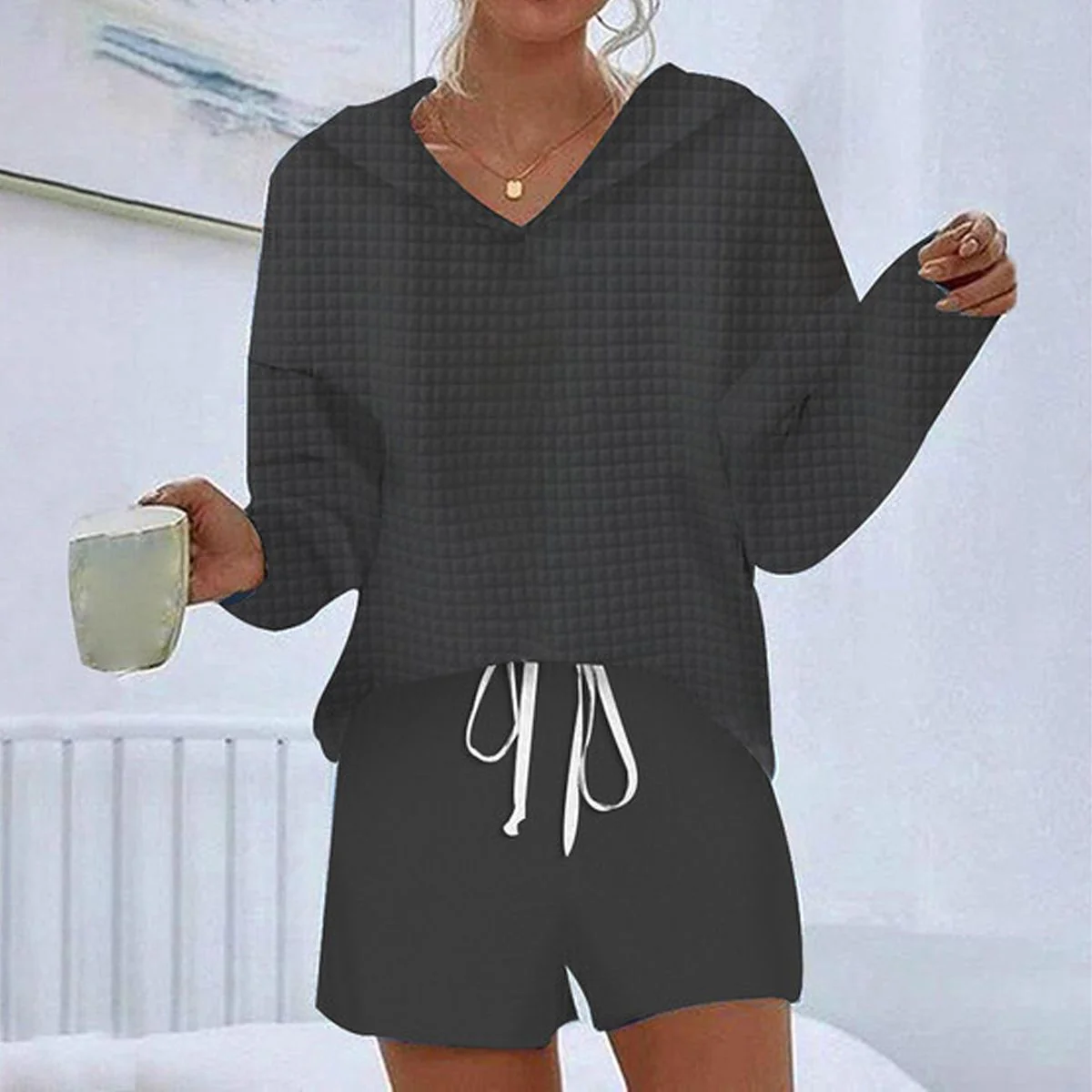 Zoruli Black Plain Hoodie Two Piece Set
