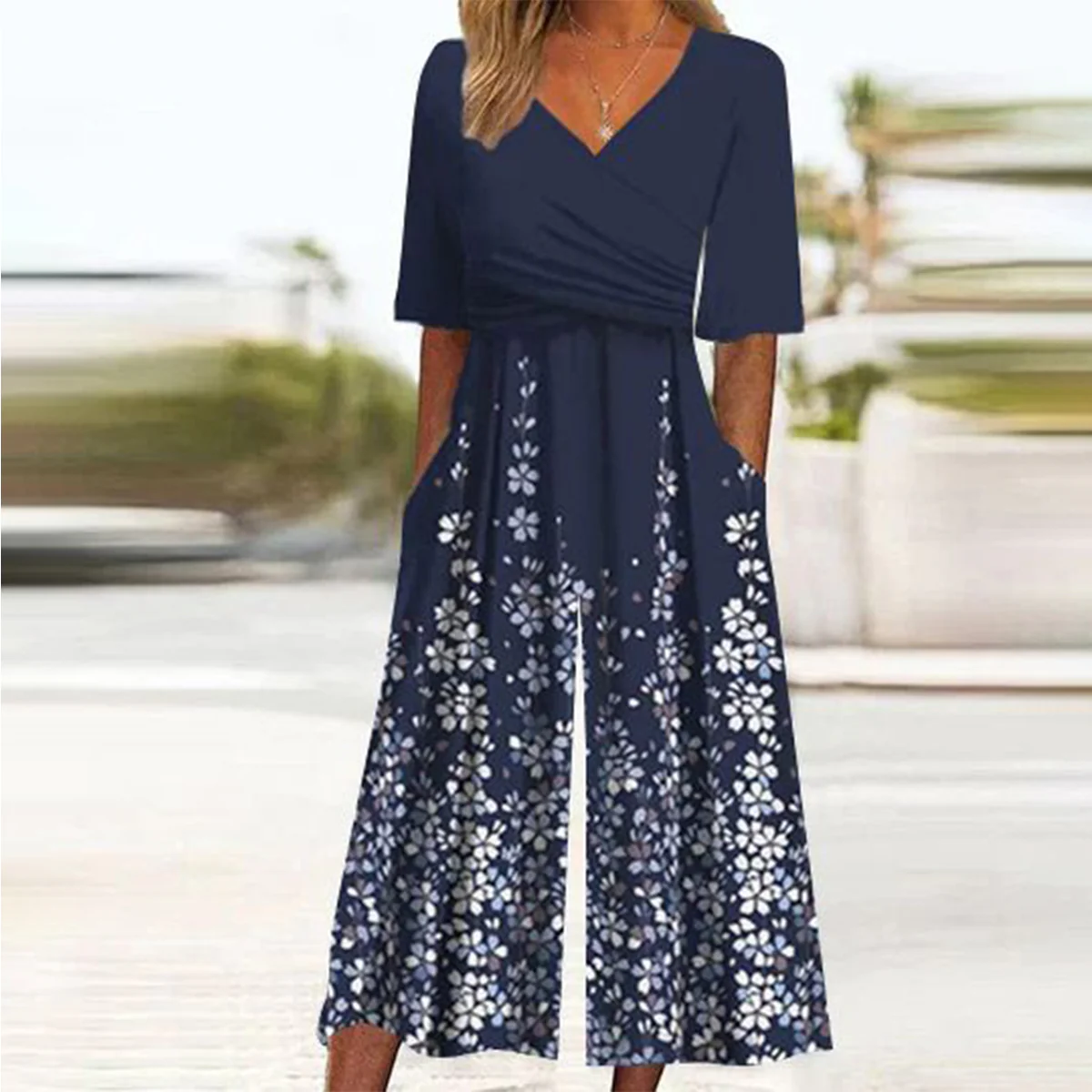 Zoruli Navy Side Pocket Short Sleeve Jumpsuit