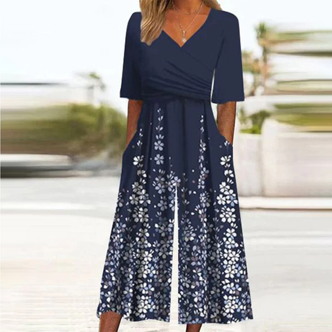 Zoruli Navy Side Pocket Short Sleeve Jumpsuit