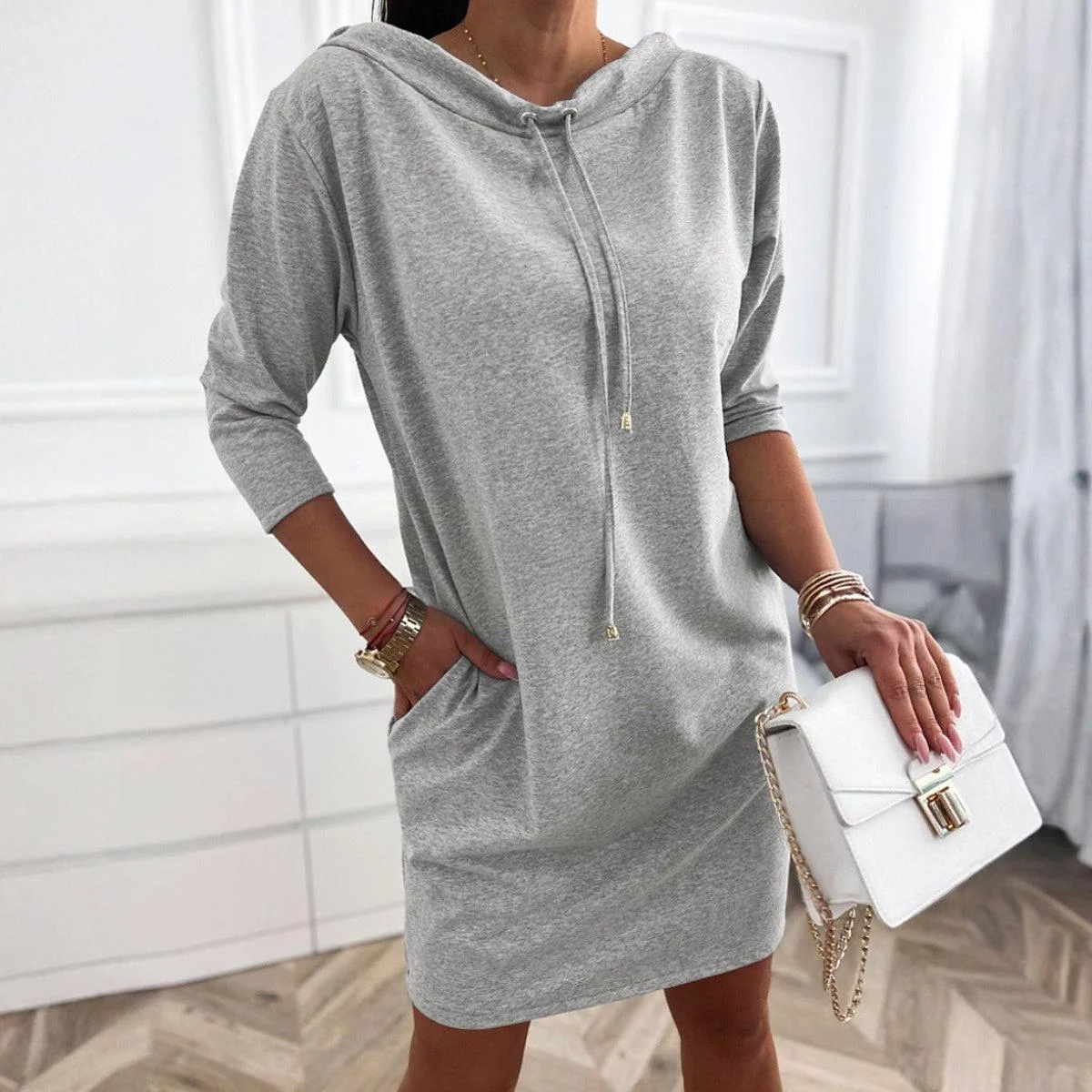 Zoruli Grey 3/4 Sleeve Plain Mini Dress
