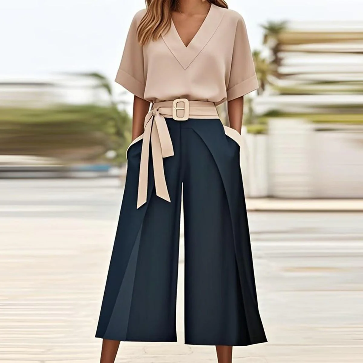 Zoruli Unique V-Neck Short Sleeve Two Piece Set