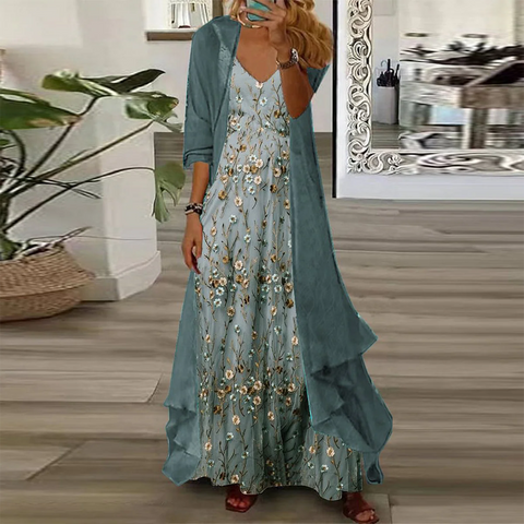 Zoruli Youthful Ditsy Floral Print Maxi Dress With Thin Jacket Two Piece Outfits