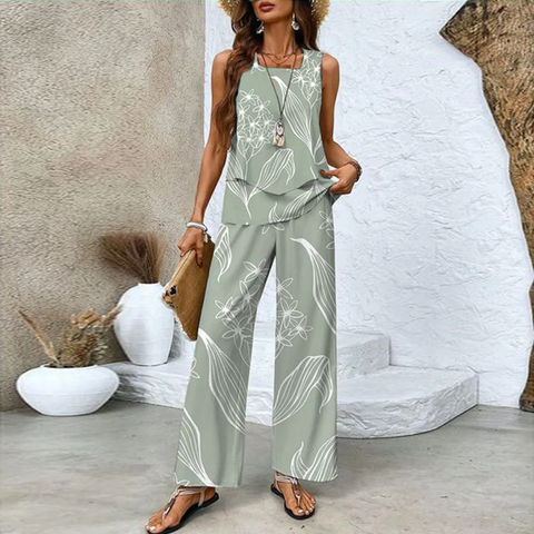Zoruli Green Sleeveless Two Piece Set