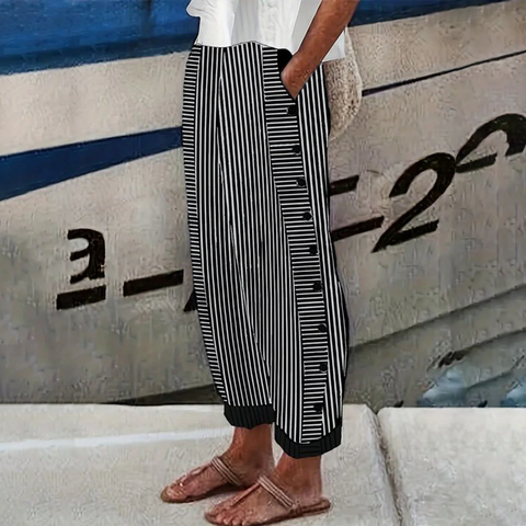 Zoruli Black Striped Print Side Pocket Pants