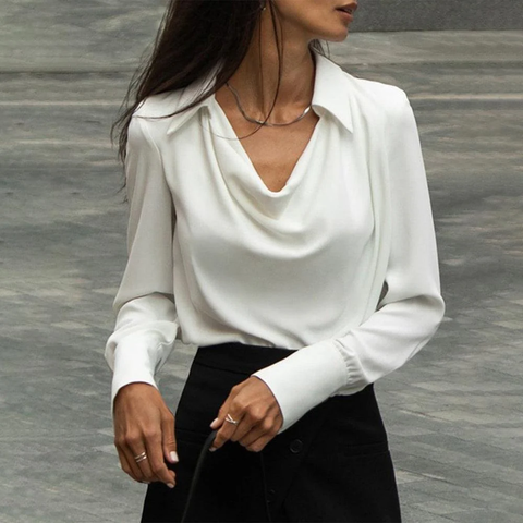Zoruli Cream White Cowl Neck Fold-Over Collar Blouse Top
