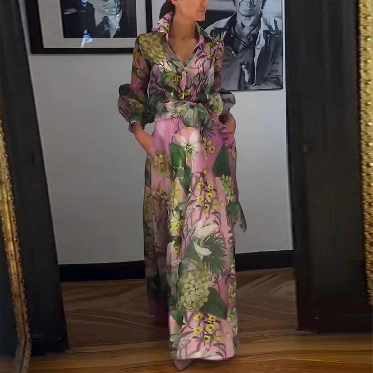 Zoruli Elegant Long Sleeve Pink Maxi Dress