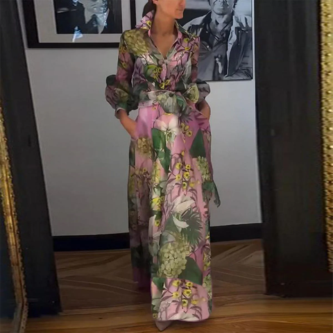 Zoruli Elegant Long Sleeve Pink Maxi Dress