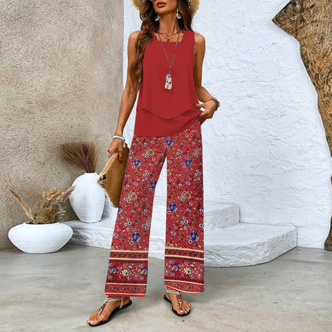 Zoruli Showy Red Sleeveless Two Piece Set