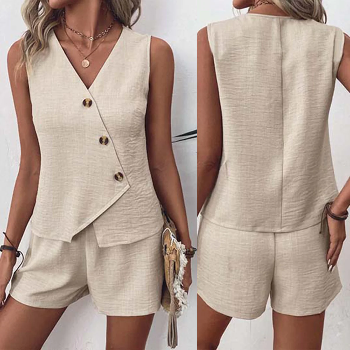 Zoruli Khaki Plain Sleeveless Two Piece Set