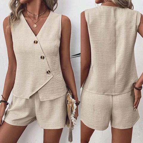 Zoruli Khaki Plain Sleeveless Two Piece Set